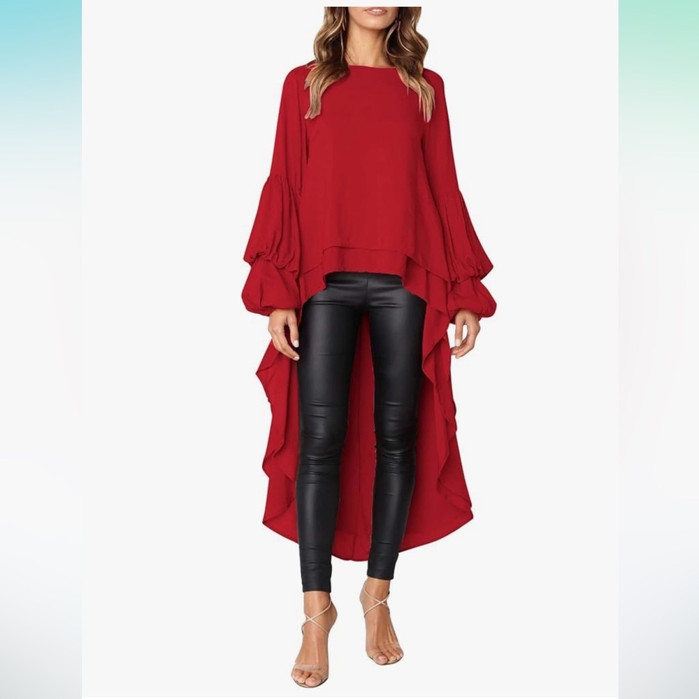 Women's Lantern Long Sleeve Round Neck High Low Asymmetrical Shirt Dress - Picture 7 of 7